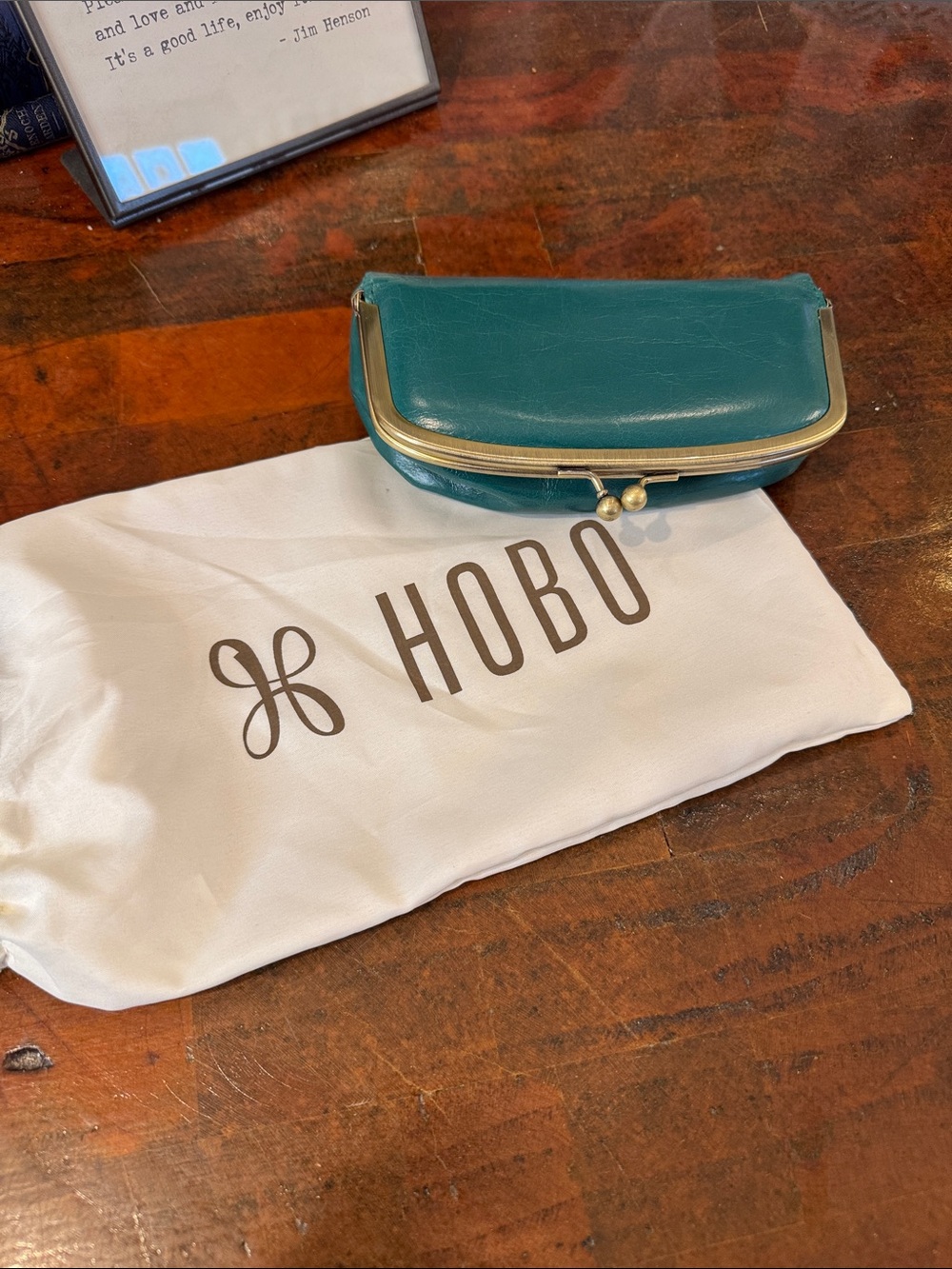 HOBO Teal Kiss-Lock Leather Clutch with Gold-Tone Frame